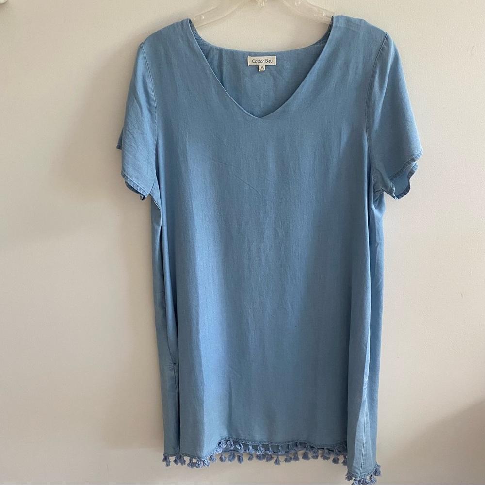 Cotton Bleu V Neck Pull Over Denim Dress Size M